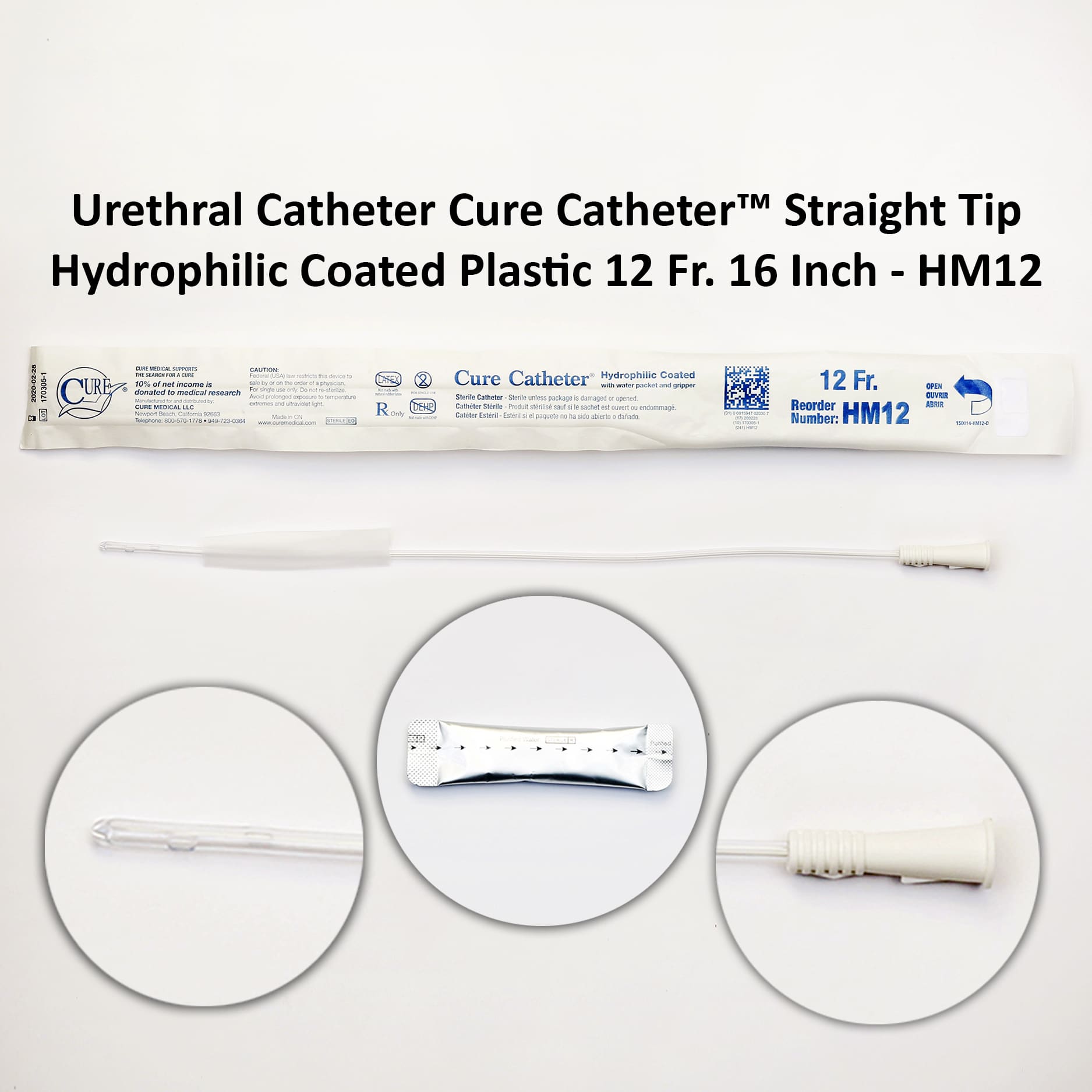 Urethral Catheter Cure Catheter™ Straight Tip Hydrophilic Coated Plastic 12 Fr. 16 Inch - HM12 Michigan | USA