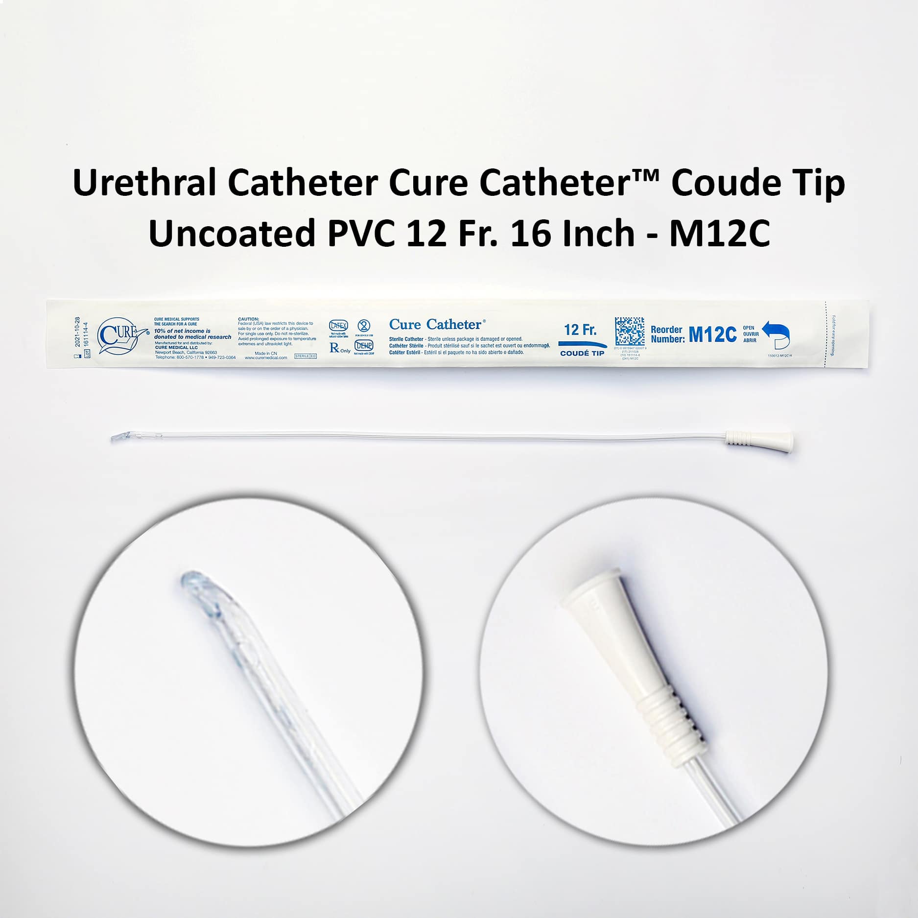 Urethral Catheter Cure Catheter™ Coude Tip Uncoated PVC 12 Fr. 16 Inch - M12C Michigan | USA