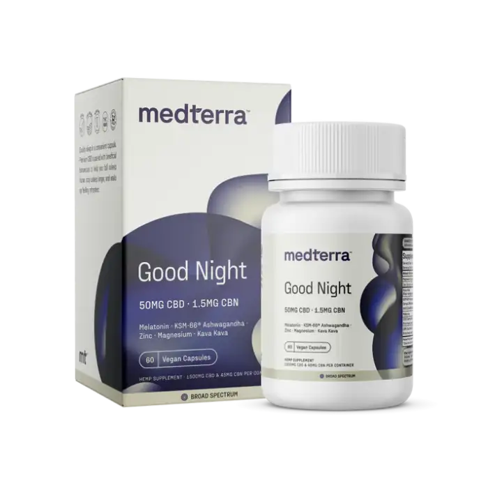 Bottle of Medterra Good Night Capsules – CBD and natural sleep support blend