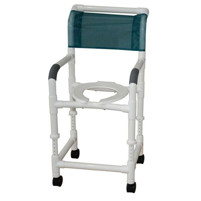 MJM Wide shower chair 22" internal width- 3" TOTAL LOCK casters- adj. height- slide out footrest- dual drop arms- deluxe open front soft seat & Square Pail