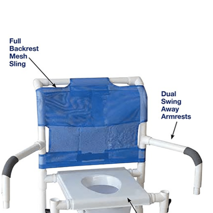 MJM Wide shower chair 22"- flip up seat- commode pail and double drop arms- 5" heavy duty casters - 122-5HD-SQ-PAIL-DDA-FLS