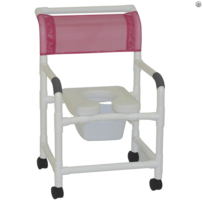 MJM Wide shower chair 22" internal width- 3" TOTAL LOCK casters- adj. height- slide out footrest- dual drop arms- deluxe open front soft seat & Square Pail