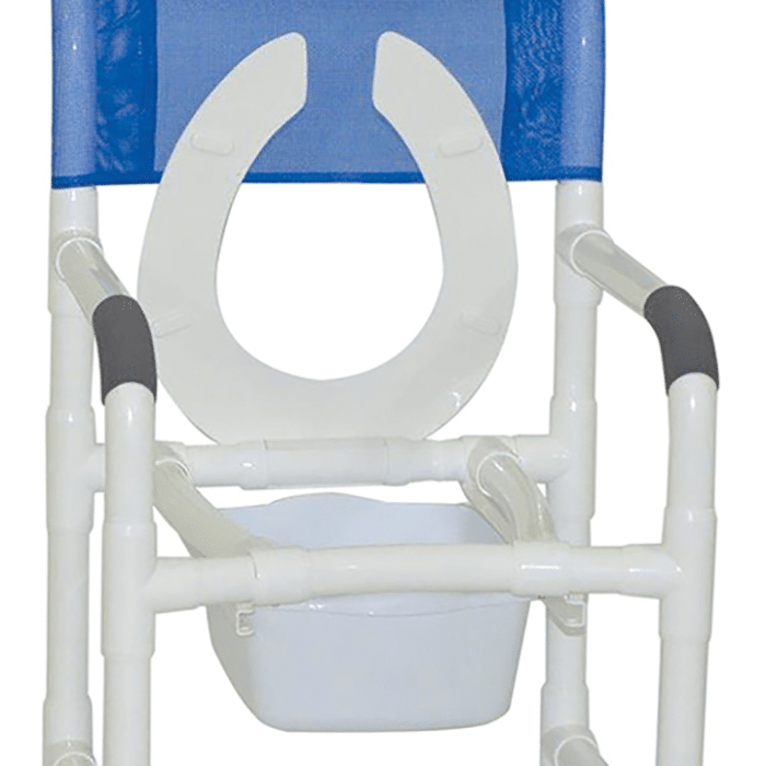 MJM Wide shower chair 22"- flip up seat- commode pail and double drop arms- 5" heavy duty casters - 122-5HD-SQ-PAIL-DDA-FLS