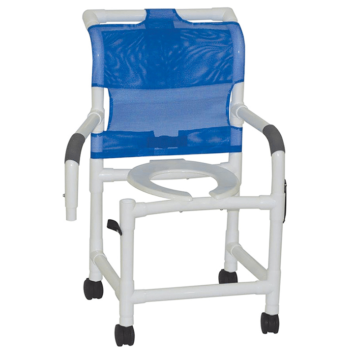 MJM Shower chair 18" vertical open front - double drop arms and commode pail - 118-3TW-OF-DDA-SQ-PAIL