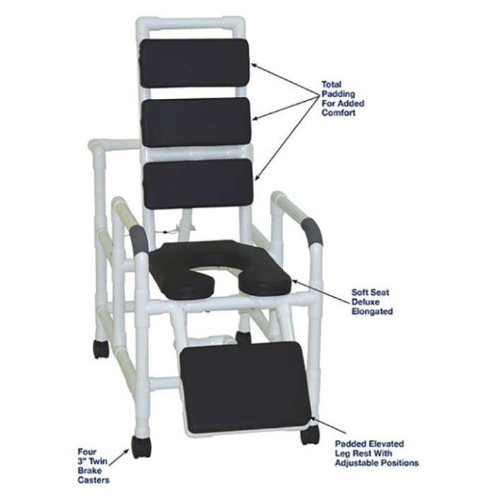 MJM International Reclining TOTAL padding shower chair with open front soft seat and elevated leg extension, 325 lbs weight capacity Available in Michigan USA Healthcare DME Offering free shipping all 50 states of the united states.