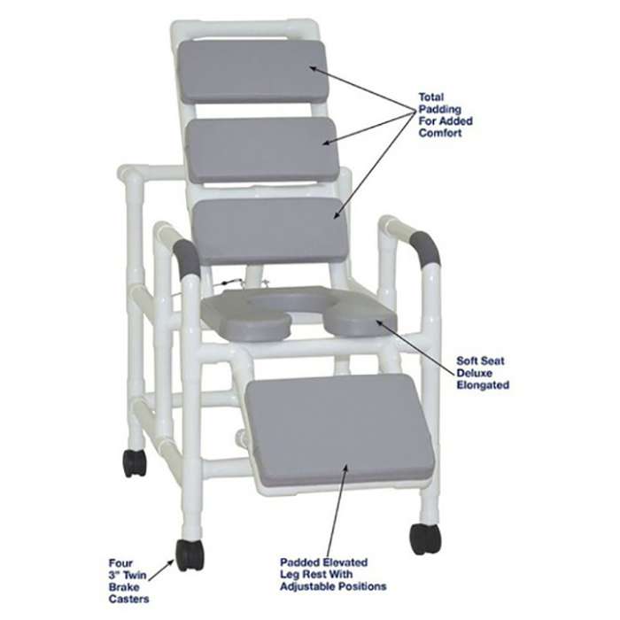 MJM International Reclining TOTAL padding shower chair with open front soft seat and elevated leg extension, 325 lbs weight capacity Available in Michigan USA Healthcare DME Offering free shipping all 50 states of the united states.