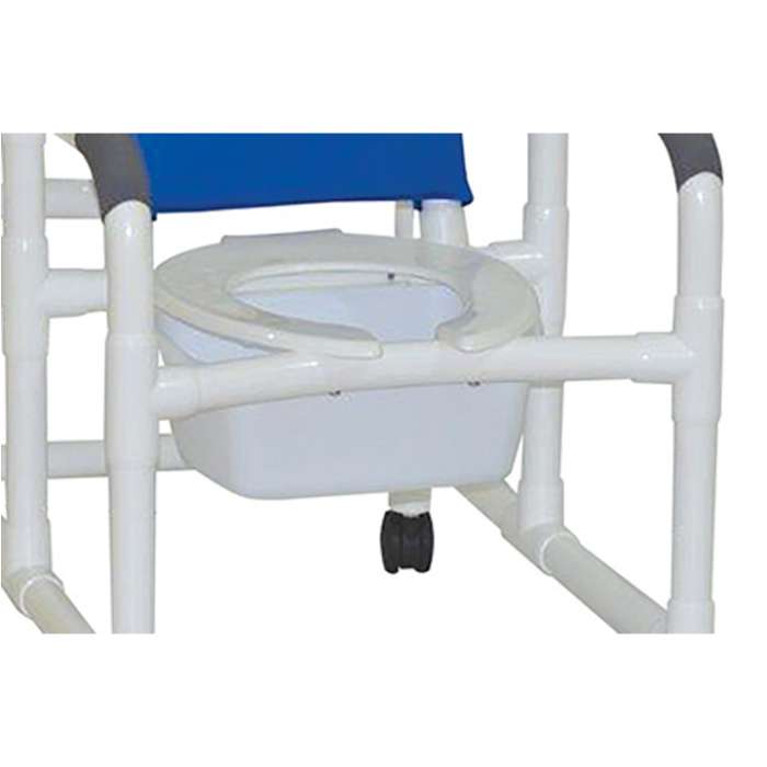 MJM International Reclining shower chair with deluxe elongated open-front commode seat and folding footrest, 10 qt slide-out commode pail, 325 lbs weight capacity Available in Michigan USA Healthcare DME Offering free shipping all 50 states of united states.