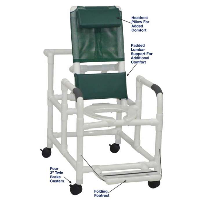 MJM International Reclining shower chair with deluxe elongated open-front commode seat and folding footrest, 325 lbs weight capacity Available in Michigan USA Healthcare DME Offering free shipping all 50 states of united states.