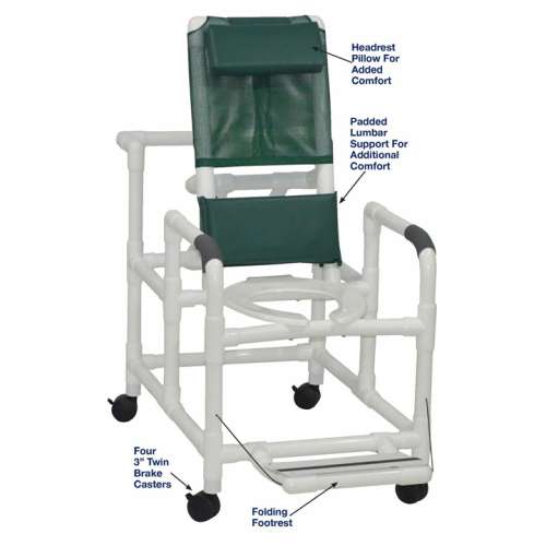 MJM International Reclining shower chair with deluxe elongated open-front commode seat and folding footrest, double drop arms, 325 lbs weight capacity Available in Michigan USA Healthcare DME Offering free shipping all 50 states of united states.