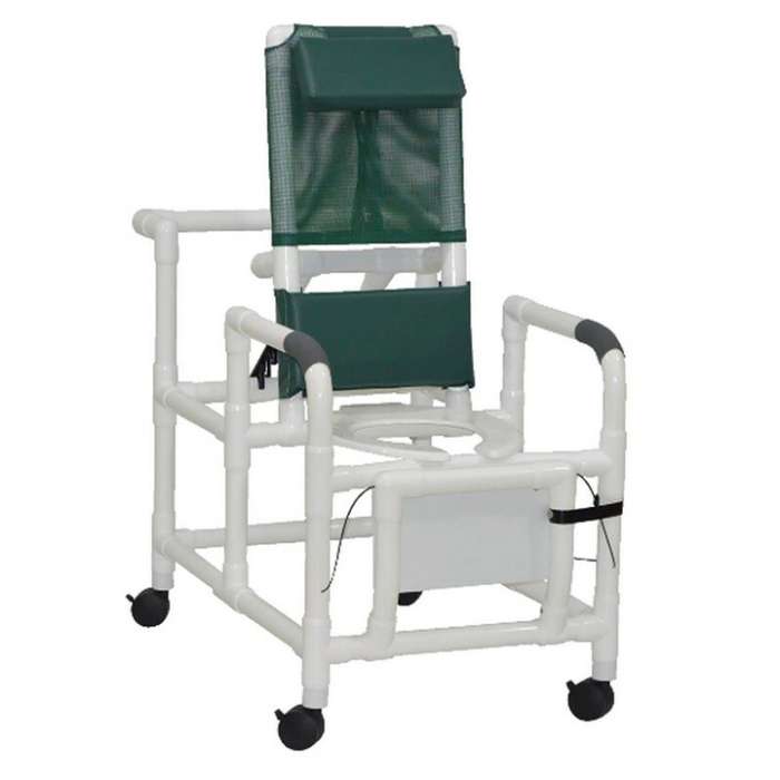 MJM International Reclining shower chair with deluxe elongated open-front commode seat and folding footrest, double drop arms, 325 lbs weight capacity Available in Michigan USA Healthcare DME Offering free shipping all 50 states of united states.