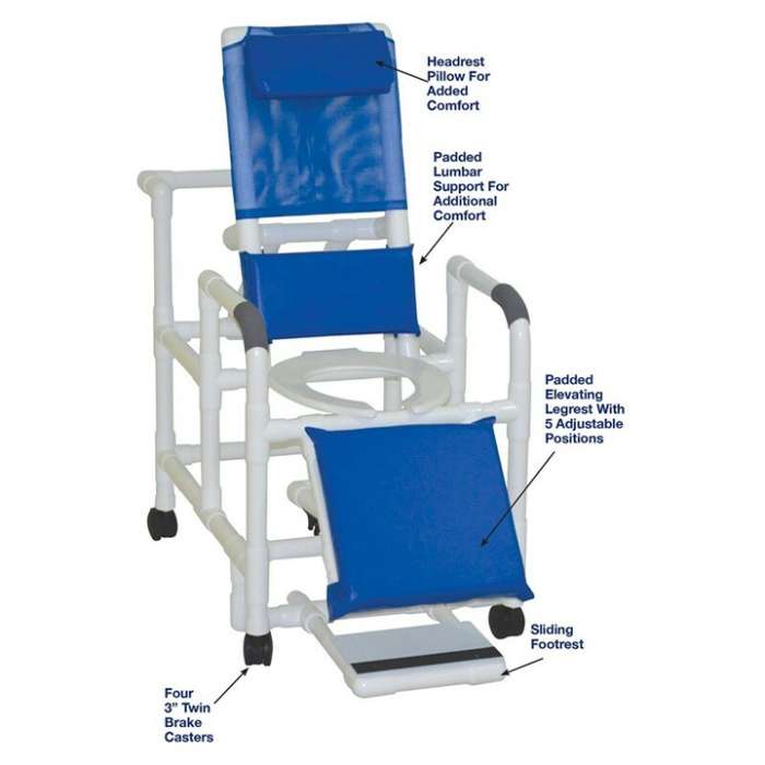 MJM International Reclining shower chair with a deluxe elongated open-front commode seat, footrest, padded elevated leg extension, 10 qt slide-out commode pail, 325 lbs weight capacity Available in Michigan USA Healthcare DME Offering free shipping all 50 states of united states.