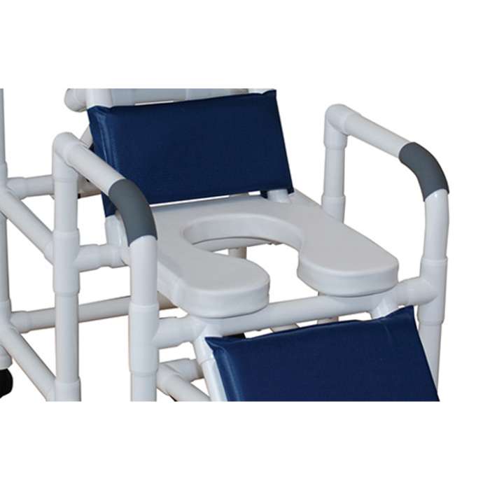 MJM International Reclining shower chair with deluxe elongated open-front soft seat, footrest, padded elevated leg extension, 325 lbs weight capacity Available in Michigan USA Healthcare DME Offering free shipping all 50 states of united states.