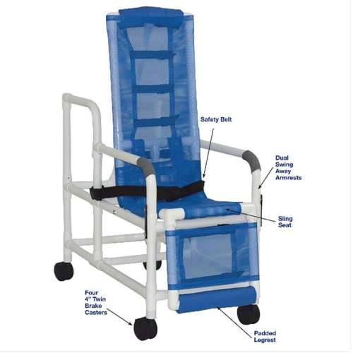 MJM International Tilt shower chair with sling seat, buckle safety belt, dual swing away armrests, leg rest, head support, 250 lbs weight capacity Available in Michigan USA Healthcare DME Offering free shipping all 50 states of united states.