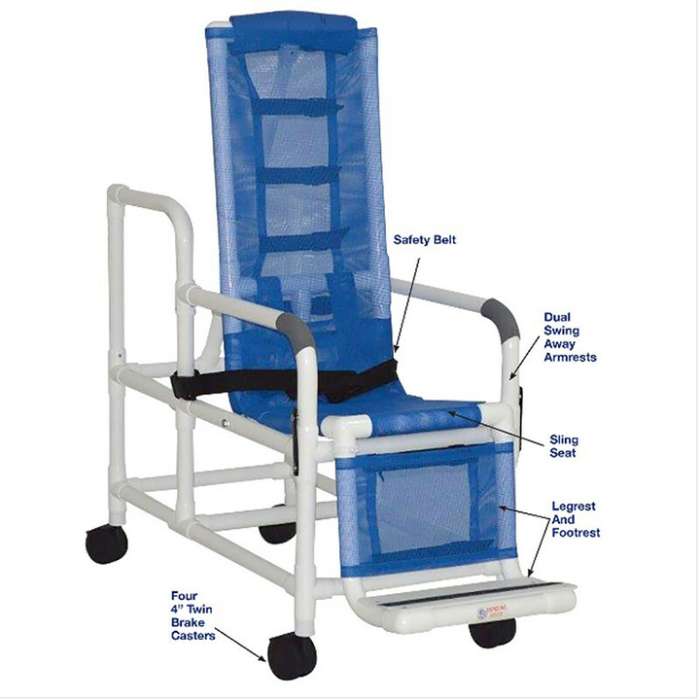 MJM International Tilt shower chair with sling seat, buckle safety belt, dual swing away armrests, footrest, 250 lbs weight capacity Available in Michigan USA Healthcare DME Offering free shipping all 50 states of united states.