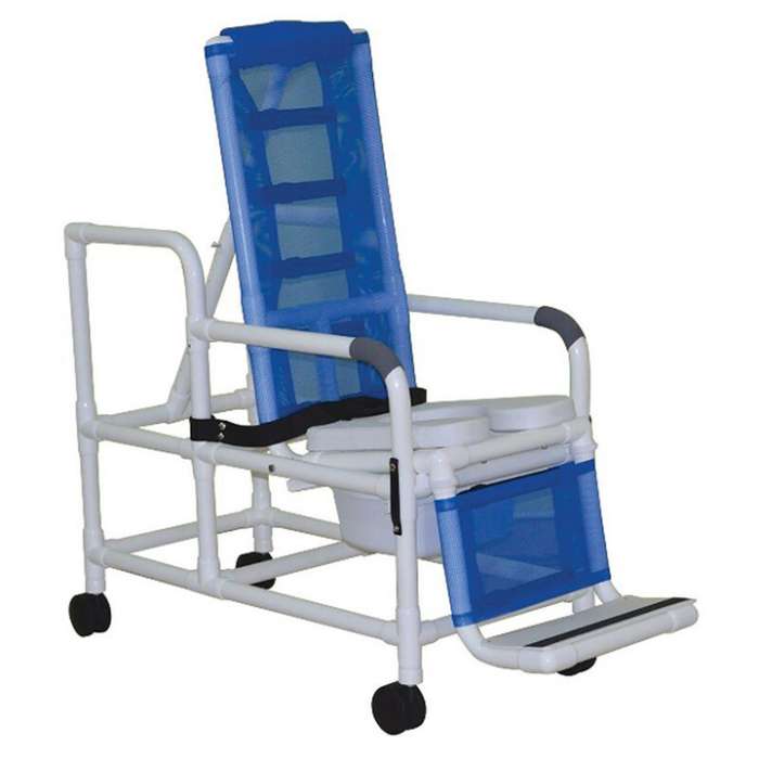 MJM International Tilt shower chair with open front soft seat, buckle safety belt and double drop arms, 10 qt slide-out commode pail, 250 lbs weight capacity Available in Michigan USA Healthcare DME Offering free shipping all 50 states of united states.