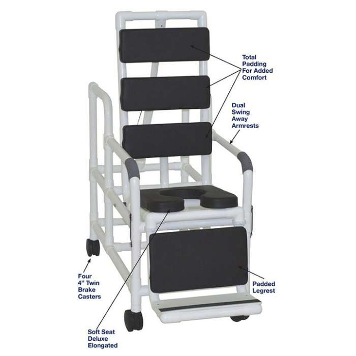 MJM International Tilt shower chair with open front soft seat, TOTAL PADDING BLUE, BLACK, GRAY & RED buckle safety belt and double drop arms, 250 lbs weight capacity Available in Michigan USA Healthcare DME Offering free shipping all 50 states of the united states.