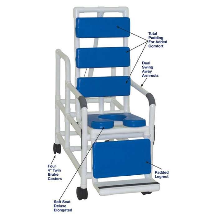 MJM International Tilt shower chair with open front soft seat, TOTAL PADDING BLUE, BLACK, GRAY & RED buckle safety belt and double drop arms, 250 lbs weight capacity Available in Michigan USA Healthcare DME Offering free shipping all 50 states of the united states.