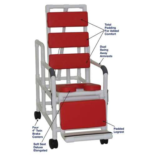 MJM International Tilt shower chair with open front soft seat, TOTAL PADDING BLUE, BLACK, GRAY & RED buckle safety belt and double drop arms, 250 lbs weight capacity Available in Michigan USA Healthcare DME Offering free shipping all 50 states of the united states.