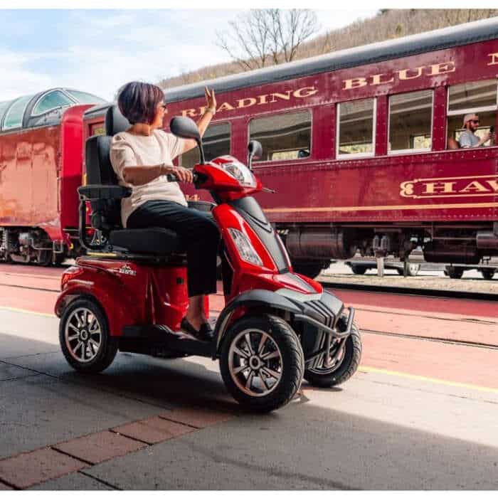 The Pride Baja Raptor 2 Long-Range 4-Wheel Scooter offers 13 MPH speed and 21.2-mile range. Ideal for Ann Arbor & nationwide.