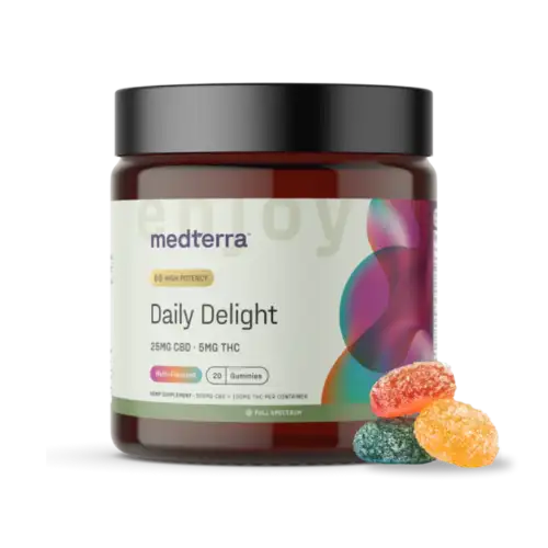 Medterra’s Daily Delight THC Gummies blend 25mg CBD + 5mg THC to help you relax, socialize, and embrace joy—without grogginess. Perfect for unwinding after a long day or enhancing social moments, these gummies deliver a smooth, uplifting experience.