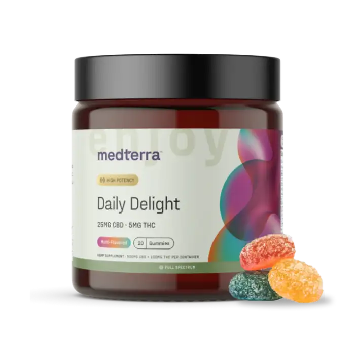 Medterra’s Daily Delight THC Gummies blend 25mg CBD + 5mg THC to help you relax, socialize, and embrace joy—without grogginess. Perfect for unwinding after a long day or enhancing social moments, these gummies deliver a smooth, uplifting experience.