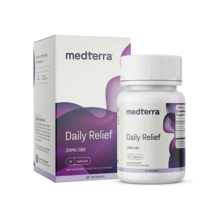 Bottle of Medterra Daily Relief CBD Isolate Capsules – THC-free daily CBD supplement