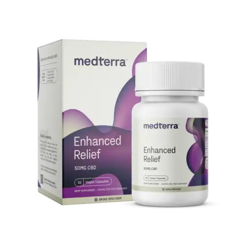 Bottle of Medterra Enhanced Relief Broad Spectrum Capsules – Daily CBD support with added hemp compounds