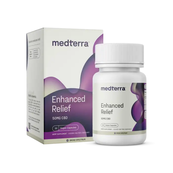 Bottle of Medterra Enhanced Relief Broad Spectrum Capsules – Daily CBD support with added hemp compounds