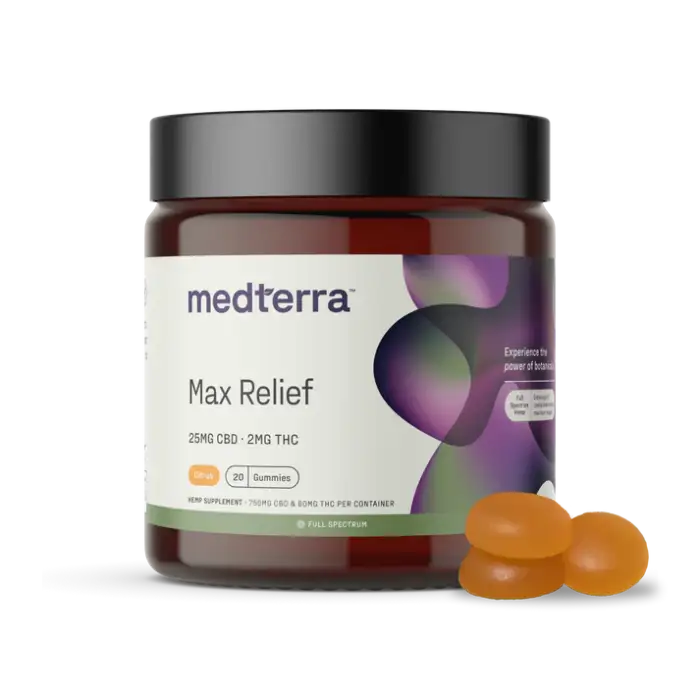 Medterra’s Max Relief Full-Spectrum CBD Gummies combine 25mg of premium full-spectrum CBD with 5mg of THC to deliver fast-acting, whole-body relief—helping you relax, unwind, and find your calm without grogginess. Perfect for daily stress, occasional discomfort, or simply taking the edge off.