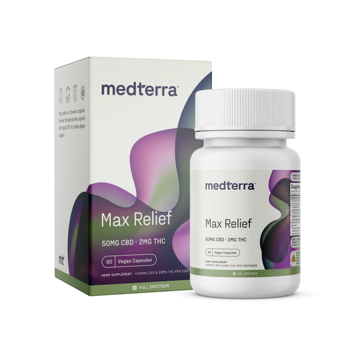 Bottle of Medterra Max Relief Full Spectrum Capsules – Full plant CBD for powerful relief