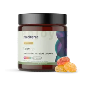 Medterra Unwind THC Gummies Bottle - 25mg CBD + 5mg THC for Stress Relief