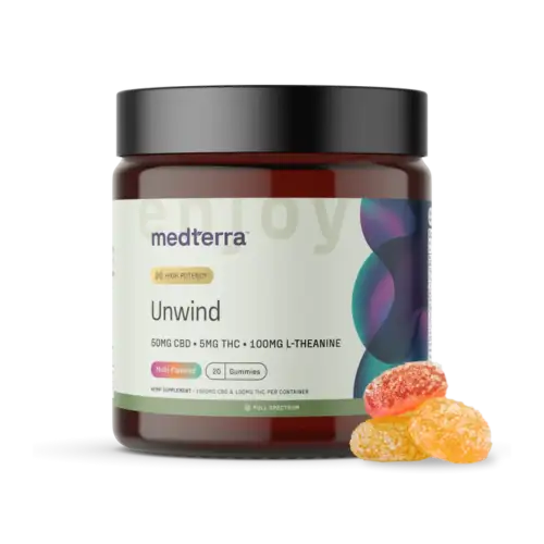 Medterra Unwind THC Gummies Bottle - 25mg CBD + 5mg THC for Stress Relief