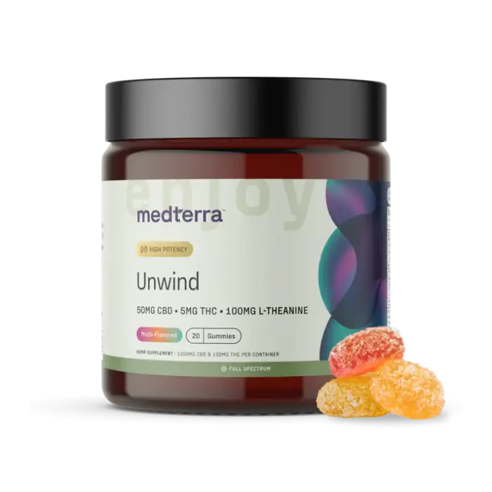 Medterra Unwind THC Gummies Bottle - 25mg CBD + 5mg THC for Stress Relief