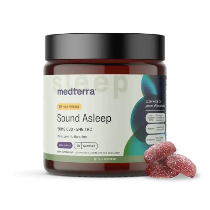 Medterra Sound Asleep THC Gummies blend 50mg CBD + 5mg THC with 3mg melatonin and 100mg L-theanine to deliver powerful relaxation and restorative sleep—helping you fall asleep faster, stay asleep longer, and wake up refreshed